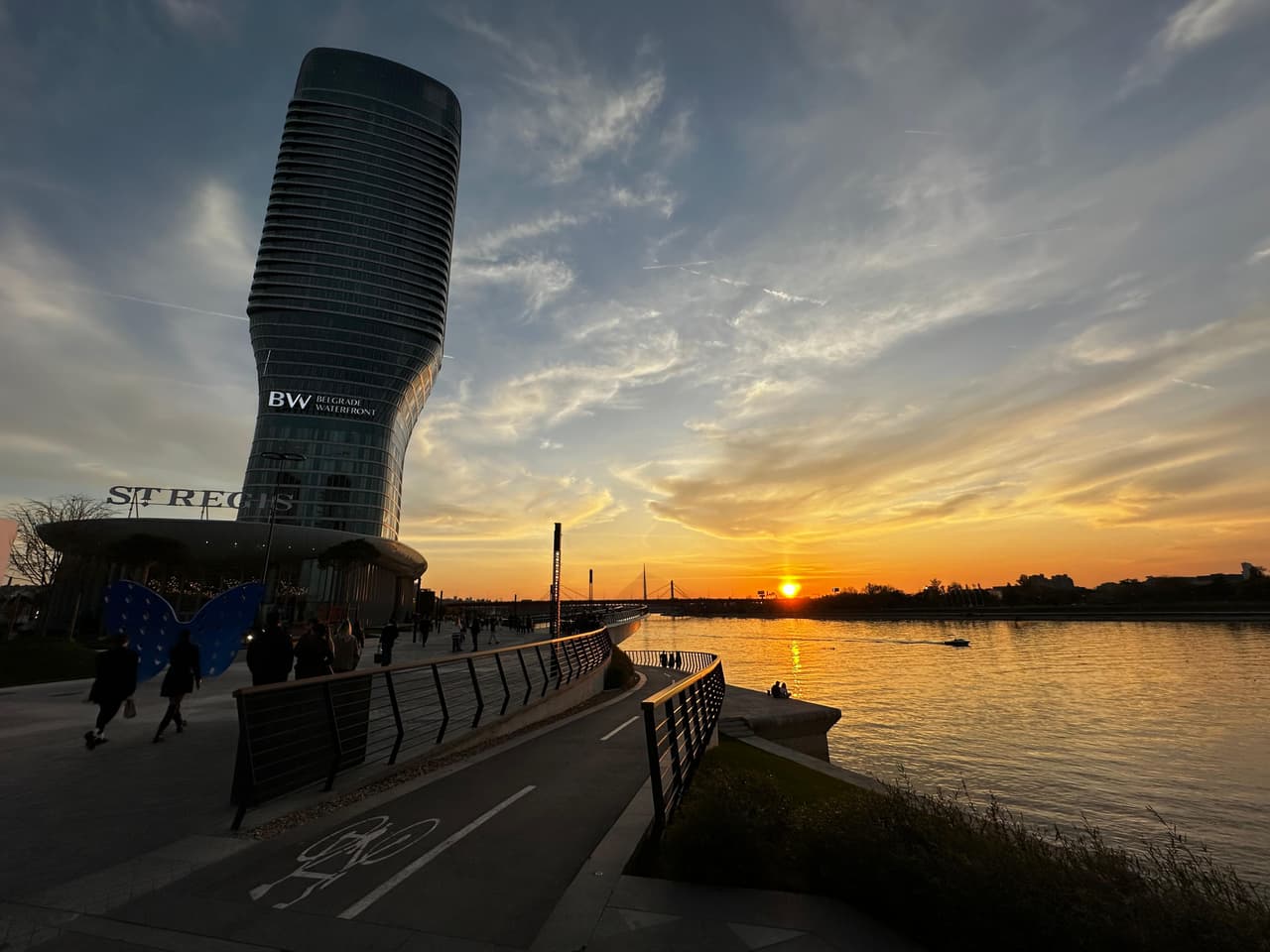 Kula Belgrade above the Sava promenade at sunset